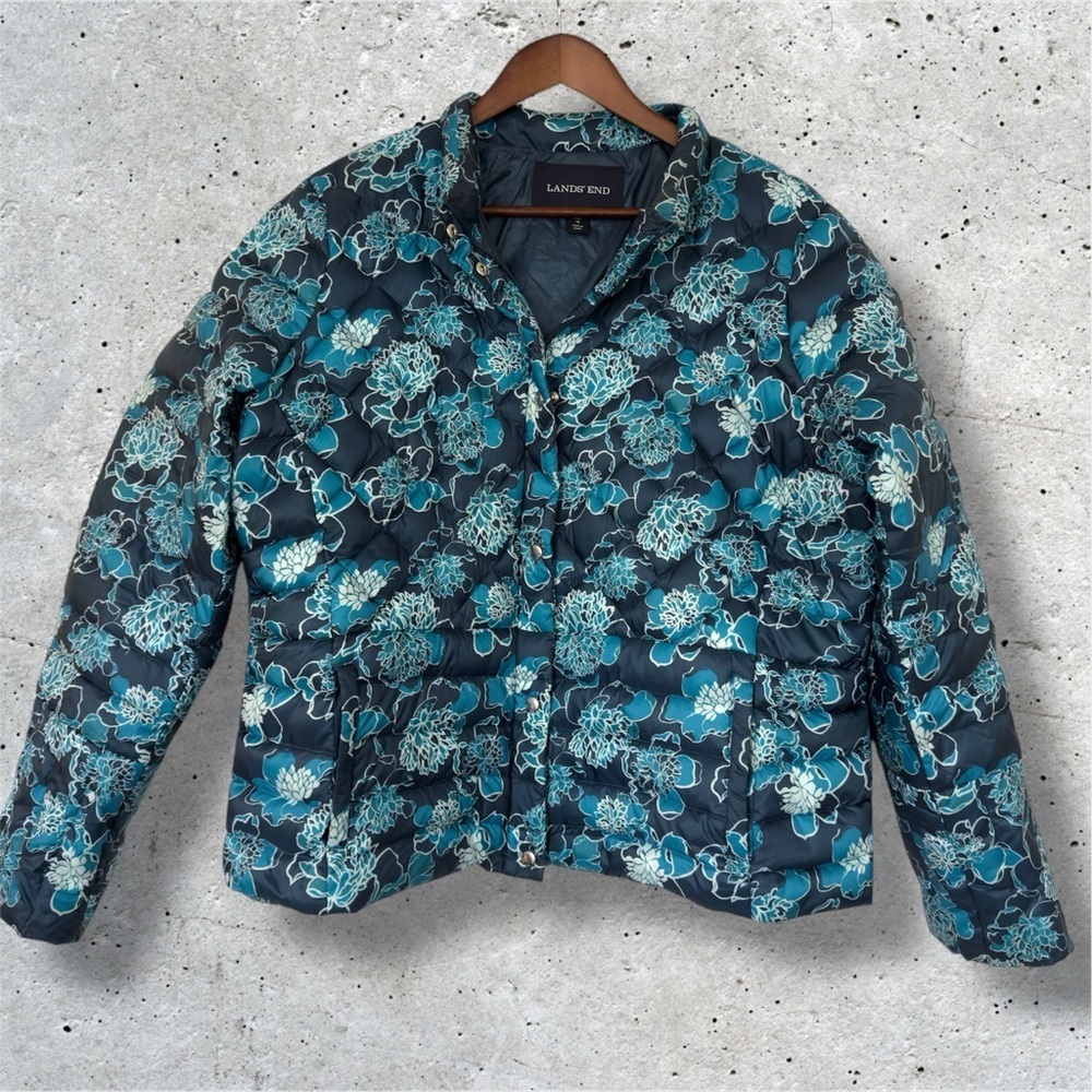 LANDS’ END YOUTH GIRLS DOWN COAT JACKET QUILTED PUFFER BLUE FLORAL Size XL 18